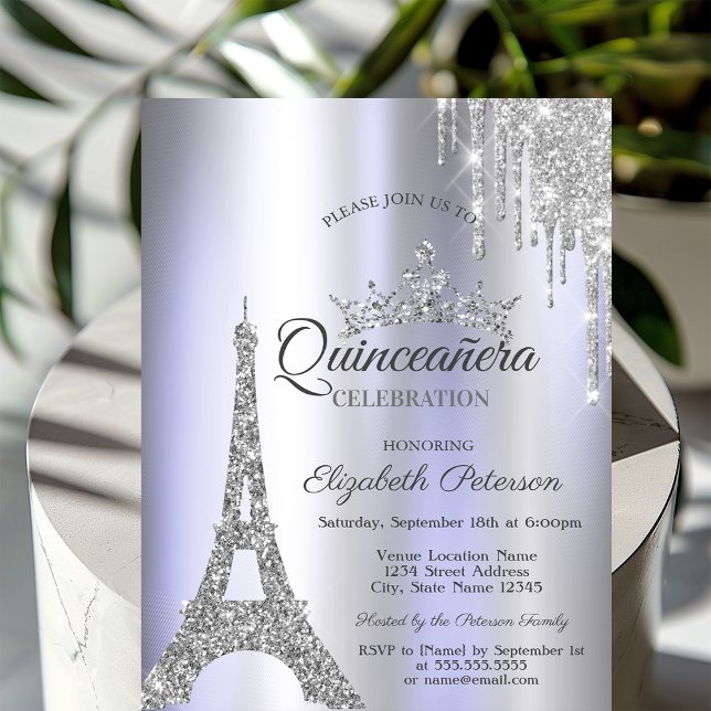 Silver Paris Eiffeltorn, Drip Violett Quinceañera  Inbjudningar (Skapare uppladdad)