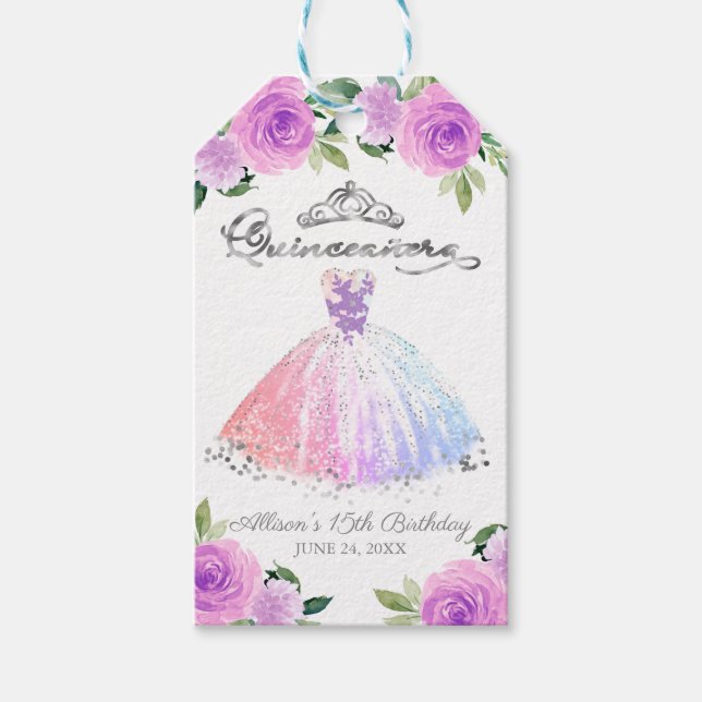 Silver Pastel Färg Gown Blommigt Quinceanera Party Presentetikett (Framsidan)