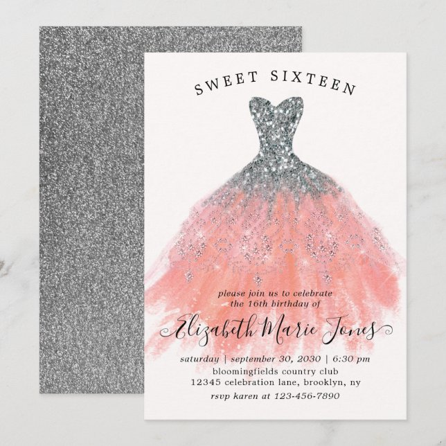 Silver Peach Glitter Dress Sweet 16:e födelsedagen Inbjudningar (Fram/baksida)
