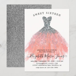 Silver Peach Glitter Dress Sweet 16:e födelsedagen Inbjudningar