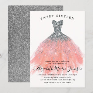 Silver Peach Glitter Dress Sweet 16:e födelsedagen Inbjudningar