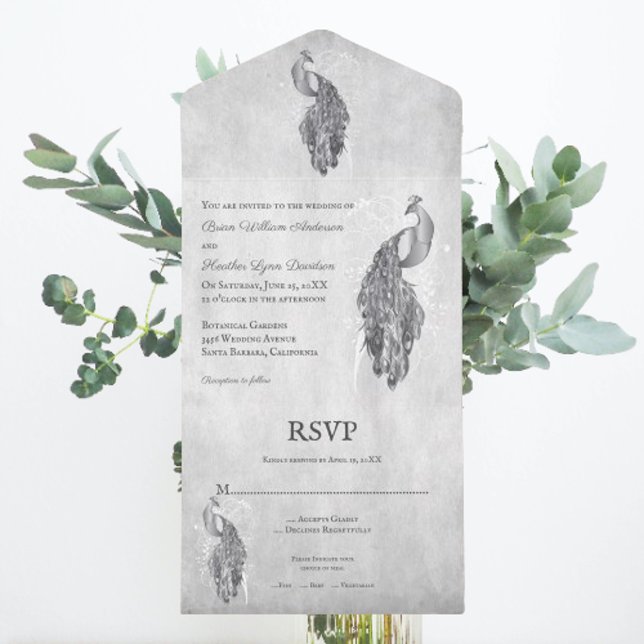 Silver Peacock Bröllop alla i en enda inbjudan (Silver Peacock All in One Wedding Invite)
