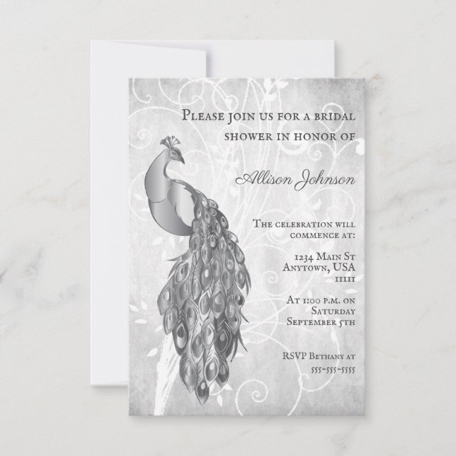 Silver Peacock Inbjudningskort för möhippan (Framsida)