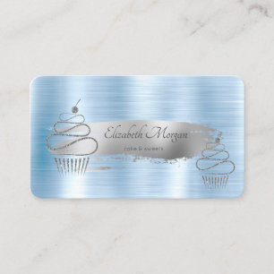 Silver penseldrag, Glitter Cupcakes Blå Metallisk Visitkort