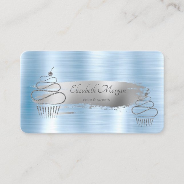 Silver penseldrag, Glitter Cupcakes Blå Metallisk Visitkort (Framsida)