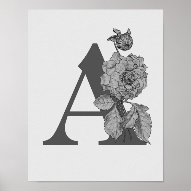 Silver Peony Elegant Monogram Initial A Poster (Framsidan)