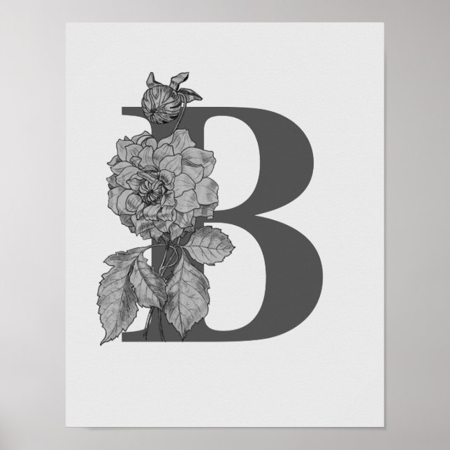 Silver Peony Elegant Monogram Initial B Poster (Framsidan)