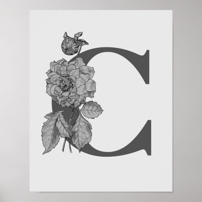 Silver Peony Elegant Monogram Initial C Poster (Framsidan)
