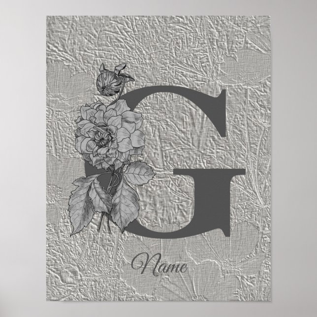 Silver Peony Elegant Monogram Initial G ditt namn Poster (Framsidan)