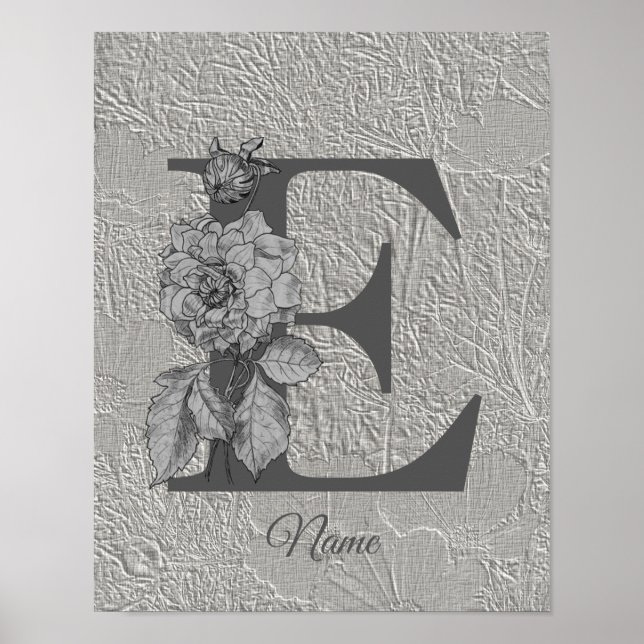 Silver Peony Elegant Monogram Inledande e ditt nam Poster (Framsidan)