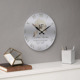 Silver Peony Frosted Glass Bröllop-årsdagen Stor Klocka