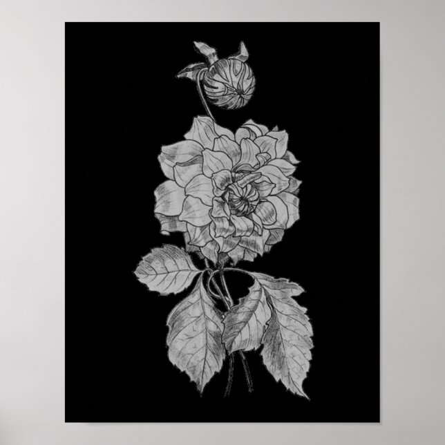 Silver Peony on Black Blommigt Art Poster (Framsidan)