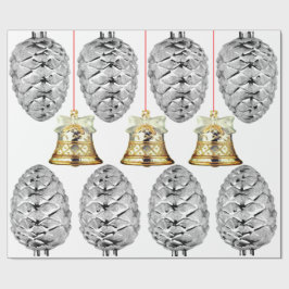Silver Pinecones och Klockor Wrapping Papper Presentpapper