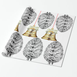 Silver Pinecones och Klockor Wrapping Papper Presentpapper
