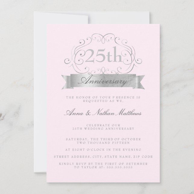 Silver & Pink Bröllopsinbjudan 25-årsjubileum Inbjudningar (Framsida)