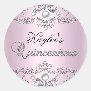Silver & Pink Damask Pärl Quinceanera-dekal Runt Klistermärke