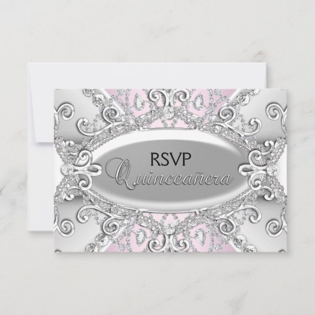 Silver & Pink Diamond Damask Quinceanera-svar OSA Kort (Framsida)