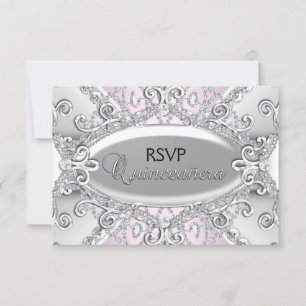 Silver & Pink Diamond Damask Quinceanera-svar OSA Kort