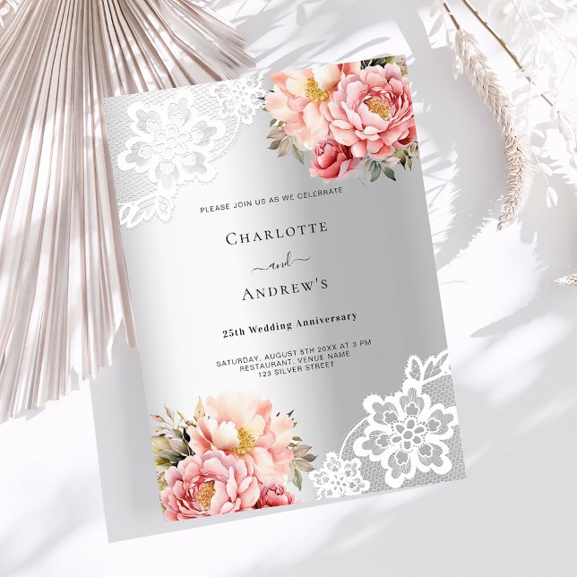 Silver pink florals 25th wedding anniversary inbjudningar (Skapare uppladdad)