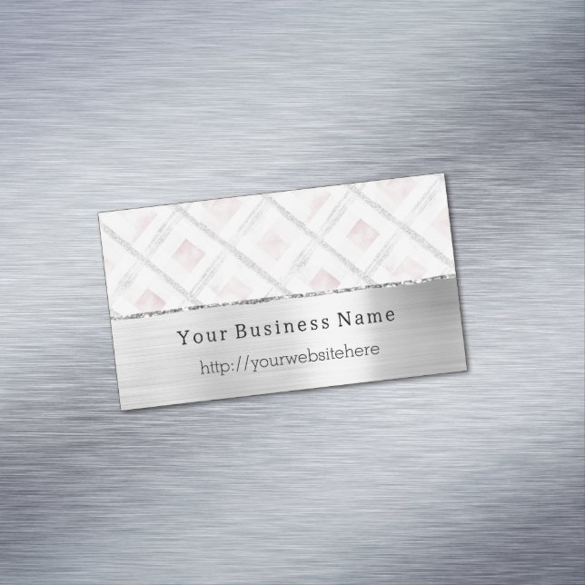 Silver Pink Glitzy Stripes Business name website Magnetiska Visitkort (In Situ)