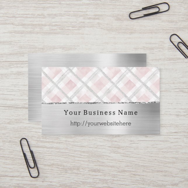 Silver Pink Glitzy Stripes Business name website Visitkort (Fram/Back In Situ)