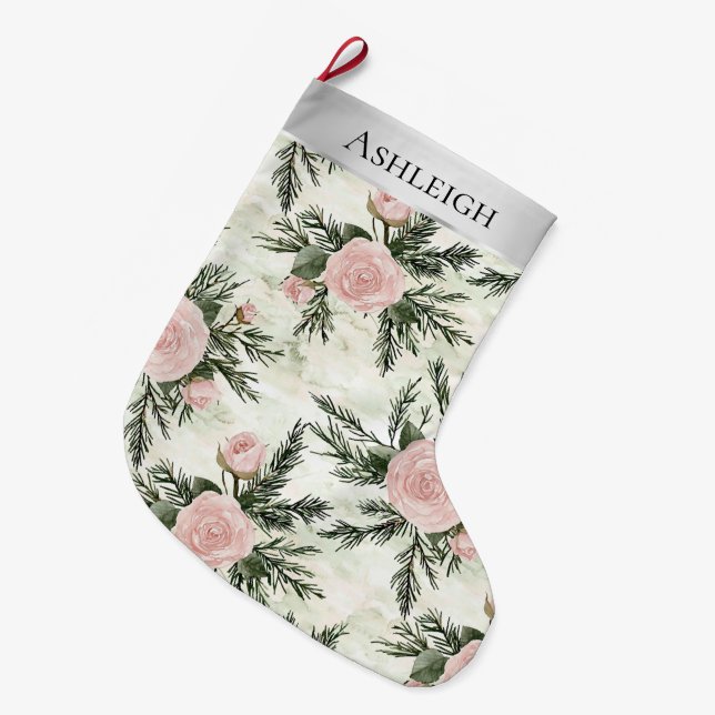 Silver Pink White Flowers Christmas  Stor Julstrumpa (Framsidan (Hängande))