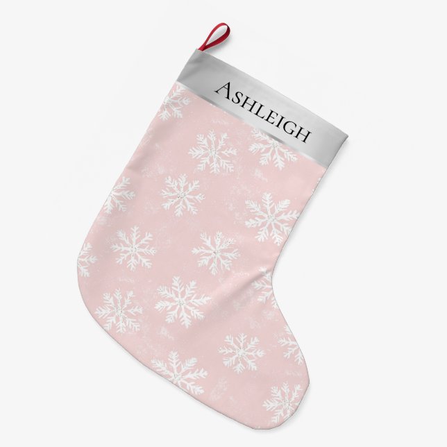 Silver Pink White Snowflakes Christmas  Stor Julstrumpa (Framsidan (Hängande))