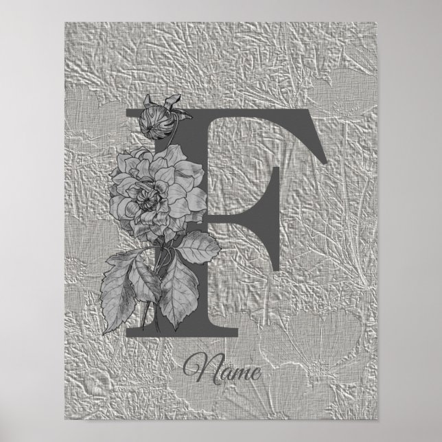 Silver Pion Elegant Monogram Initial F Ditt Namn  Poster (Framsidan)