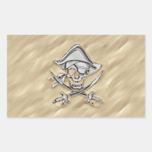 Silver Pirat Skull i Sand Decor Rektangulärt Klistermärke