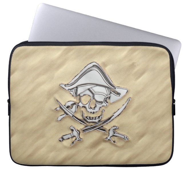Silver Pirate Skull on the Beach Laptop Fodral (Framsidan)