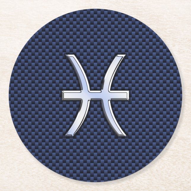 Silver Pisces Zodiac Sign Blue Carbon Fiber Print Underlägg Papper Rund (Framsidan)