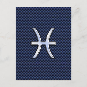 Silver Pisces Zodiac Sign Blue Carbon Fiber Print Vykort