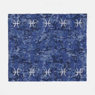 Silver Pisces Zodiac Symbol Navy Blue Digital Camo Fleecefilt