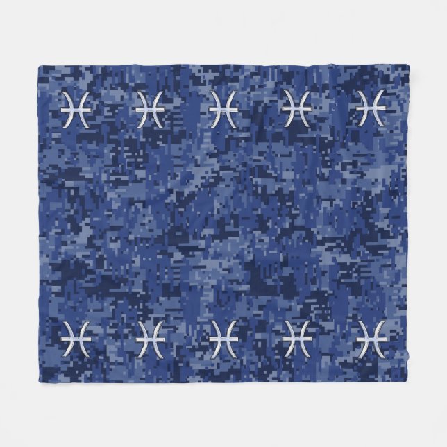 Silver Pisces Zodiac Symbol Navy Blue Digital Camo Fleecefilt (Framsidan (Horisontell))