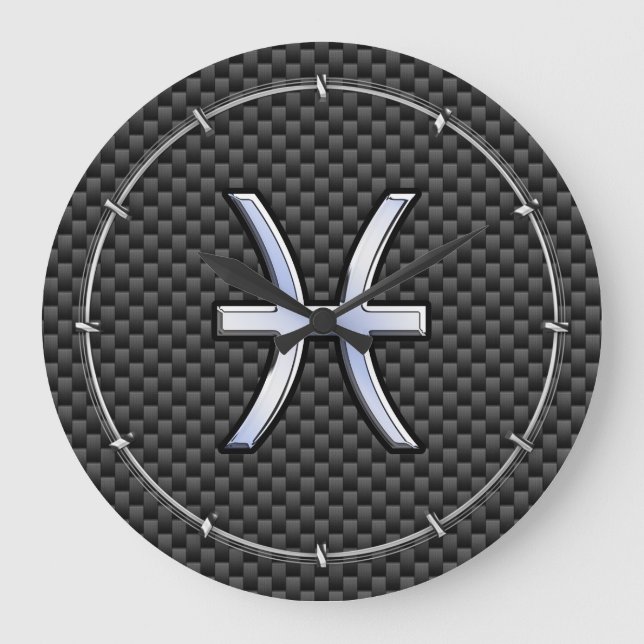 Silver Pisces Zodiac-tecken på koldioxidfiberutskr Stor Klocka (Framsida)