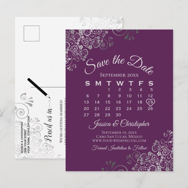 Silver Plum Purple Wedding Save the Date Calendar Meddelande Vykort (Fram/baksida)