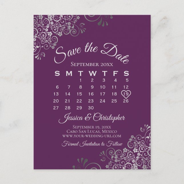 Silver Plum Purple Wedding Save the Date Calendar Meddelande Vykort (Framsida)