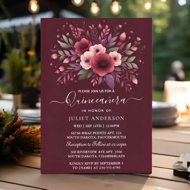 Silver Plum Snöre Gown Boho Burgundy Quinceanera Inbjudningar (Skapare uppladdad)
