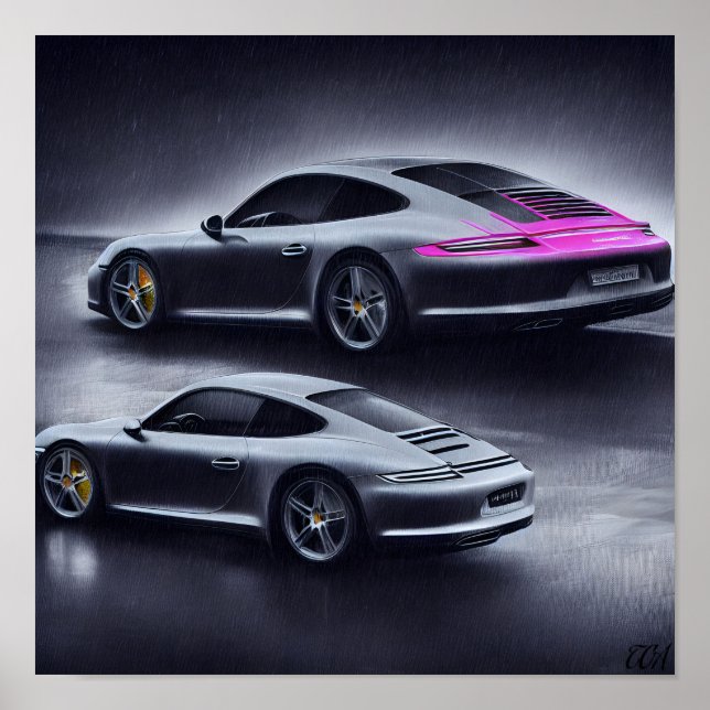 Silver Porsche Car på en regnnatt Poster (Framsidan)