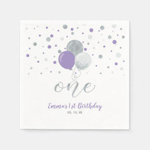 Silver & Purple Ballong Konfetti Flicka 1-års Föde Pappersservett