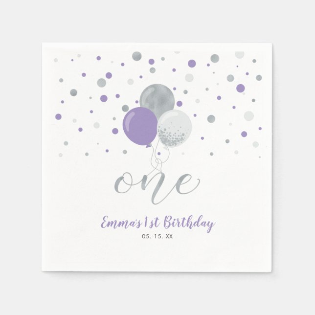 Silver & Purple Ballong Konfetti Flicka 1-års Föde Pappersservett (Framsidan)