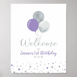 Silver & Purple Ballonger Flicka 1-års Födelsedags Poster
