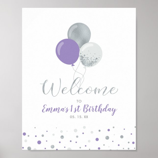 Silver & Purple Ballonger Flicka 1-års Födelsedags Poster (Framsidan)