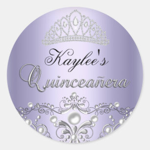Silver & Purple Damask Pärl Quinceanera-dekal Runt Klistermärke