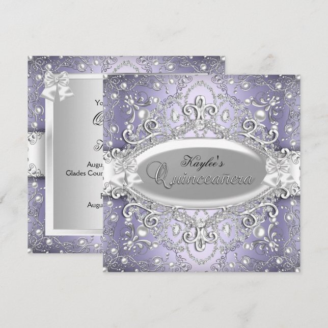 Silver & Purple Damask Pärl Quinceanera Inbjudan (Fram/baksida)