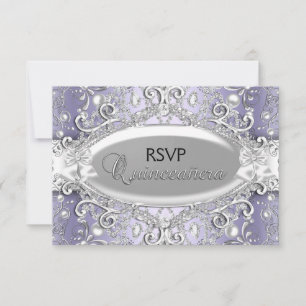 Silver & Purple Damask Pärl Quinceanera RSVP OSA Kort