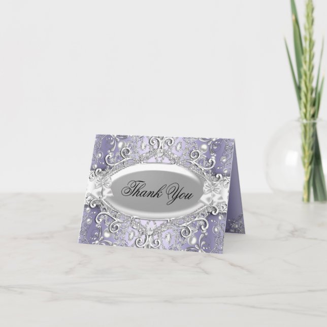 Silver & Purple Damask Pärl Tack Kort (Framsida)