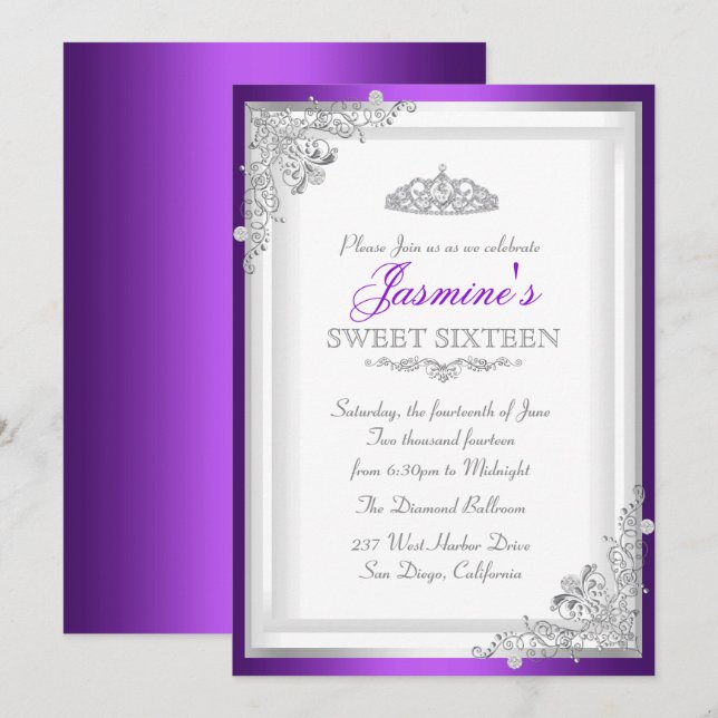 Silver Purple Damask & Tiara Sweet 16 Inbjudan (Fram/baksida)