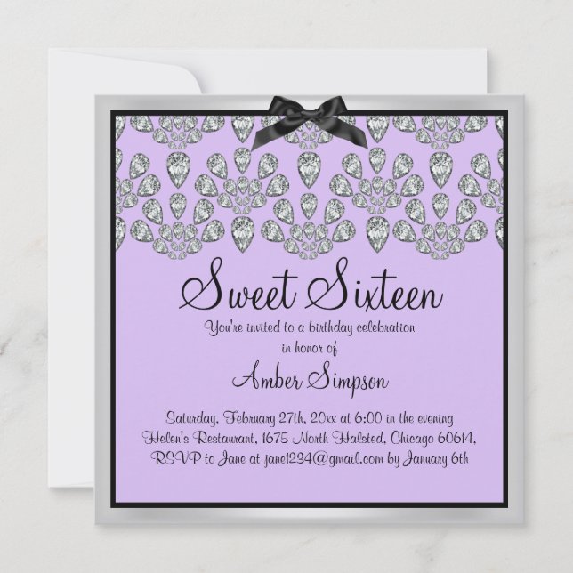 Silver & Purple Forever Diamonds Sweet 16 Inbjudan (Framsida)