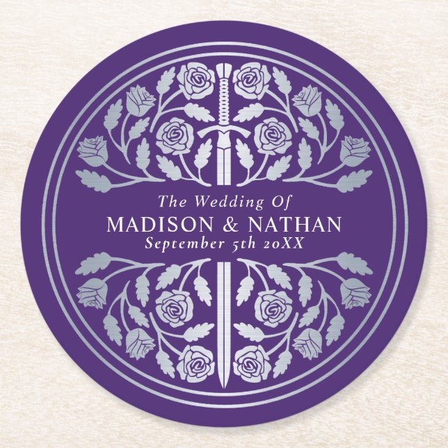Silver Purple Royal Medieval Sword Wedding Underlägg Papper Rund (Framsidan)